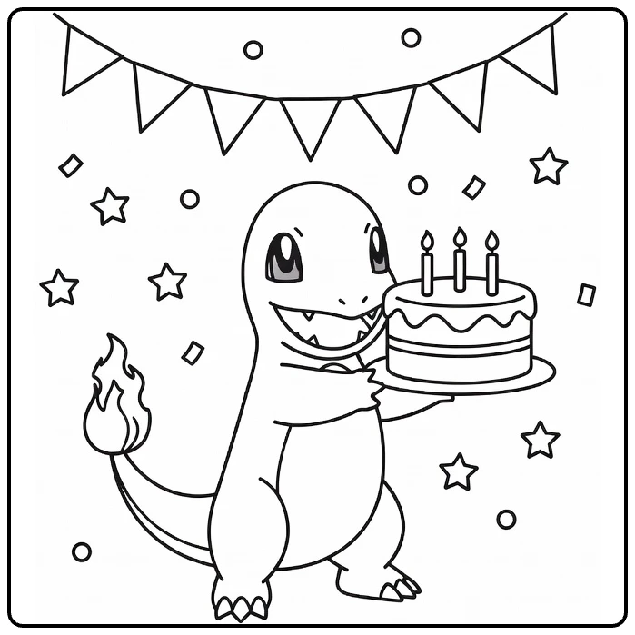 pokemon Verjaardag Charmander with Taart coloring page