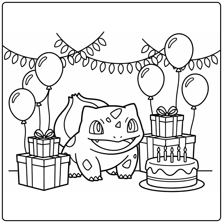 pokemon Verjaardag Smiling Bulbasaur Party coloring page