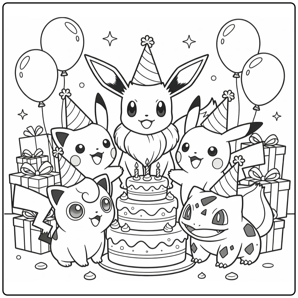Pokemon birthday coloring page with Eevee and friends by a cake