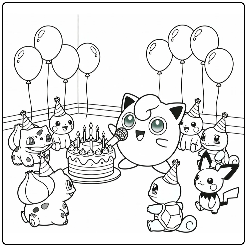 pokemon Verjaardag Jigglypuff and Pokmon coloring page