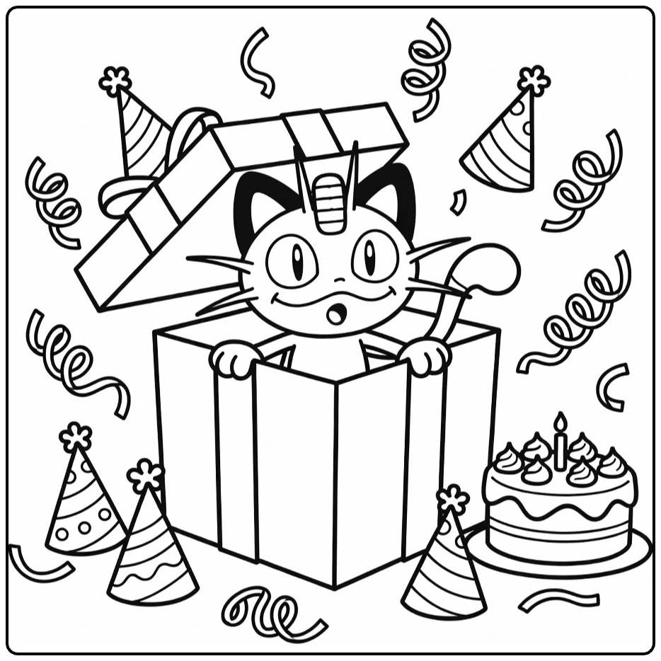 pokemon Verjaardag Meowth in Feestdoos coloring page