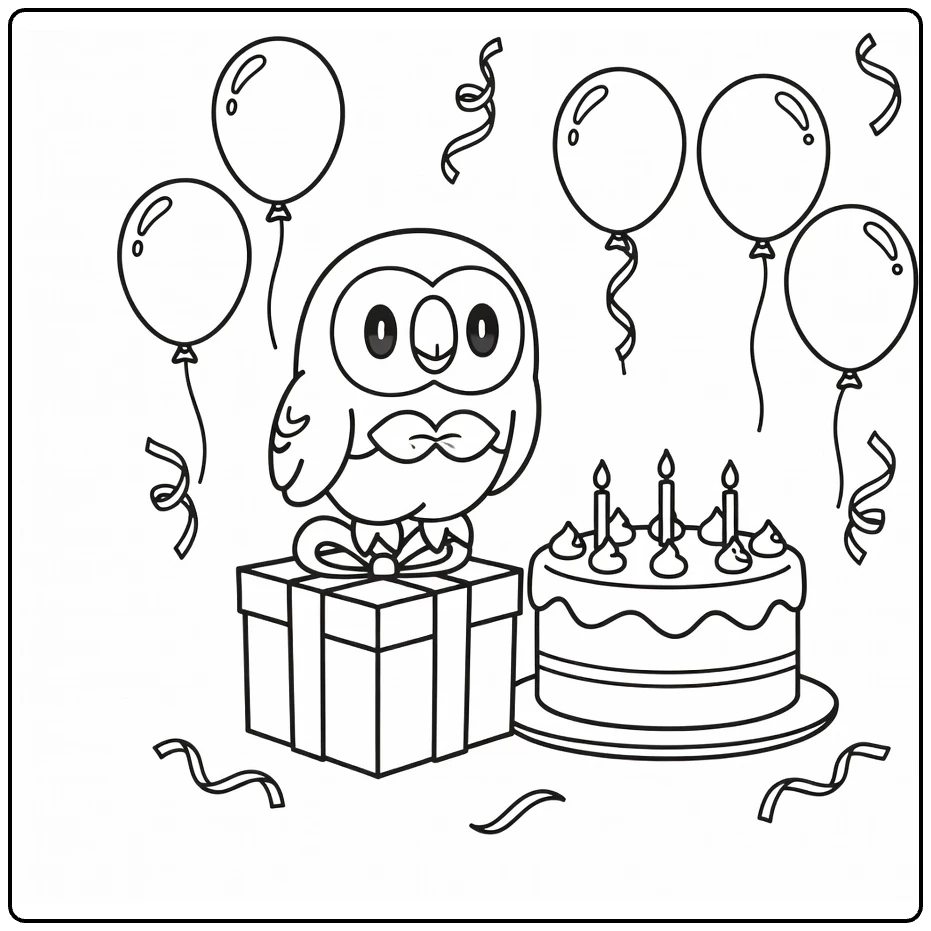 pokemon Verjaardag Rowlet Taart Balloons coloring page