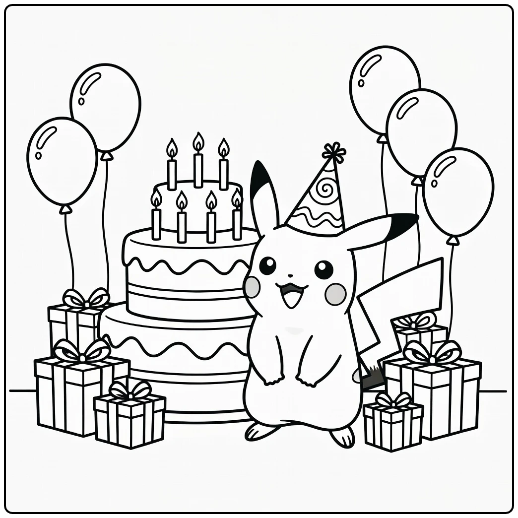 pokemon Verjaardag Pikachu Party with Taart coloring page