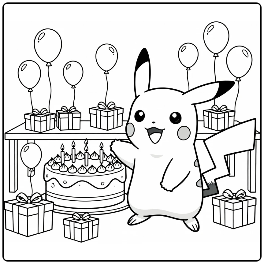 pokemon Verjaardag Pikachu Next to Ronde Taart coloring page