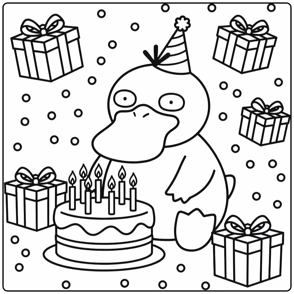 pokemon Verjaardag Psyduck Nieuwsgierig Naar Cake coloring page