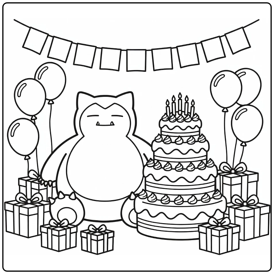 pokemon Verjaardag Snorlax with Feesttaart coloring page