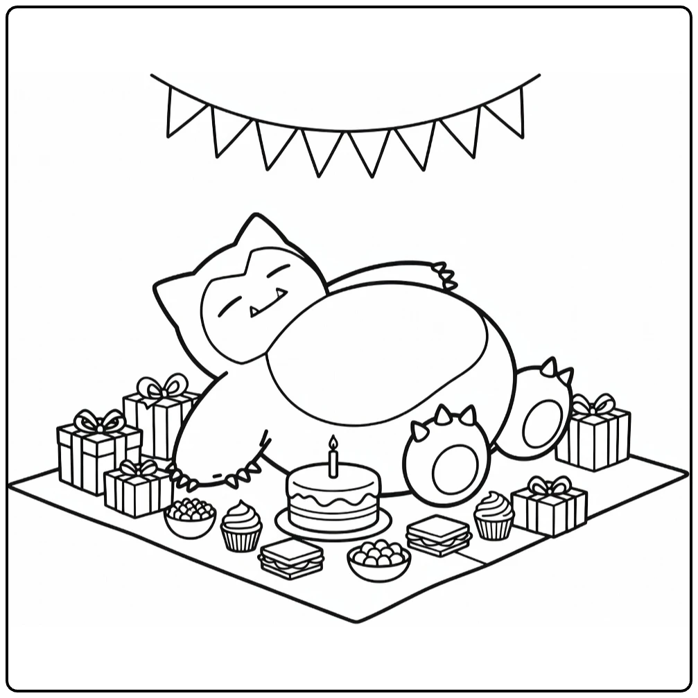 pokemon Verjaardag Snorlax Rust with Feestpicknick coloring page