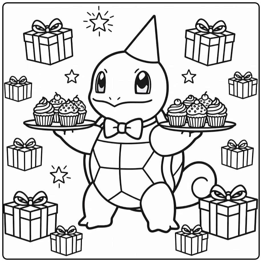 pokemon Verjaardag Squirtle Viert Party with Taartjes and Cadeaus coloring page