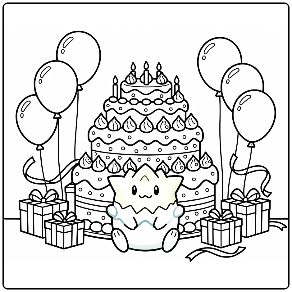 pokemon Verjaardag Togepi with Taart and Balloons coloring page