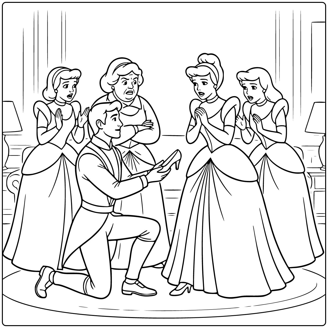 prins biedt glazen muiltje on assepoester coloring page