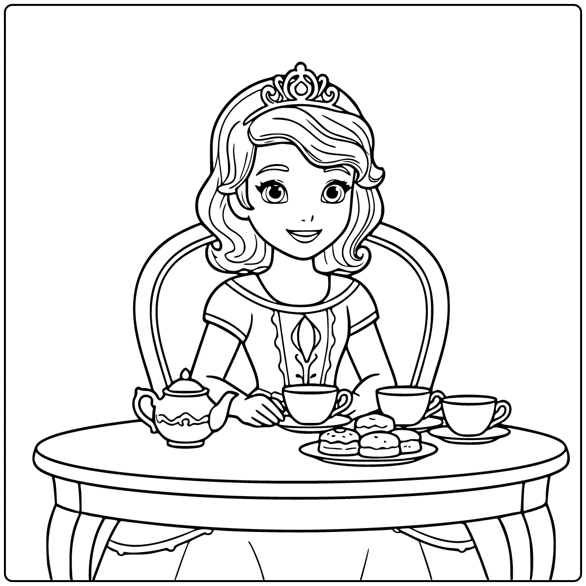 Sofia the First coloring page at a royal tea table with a teapot