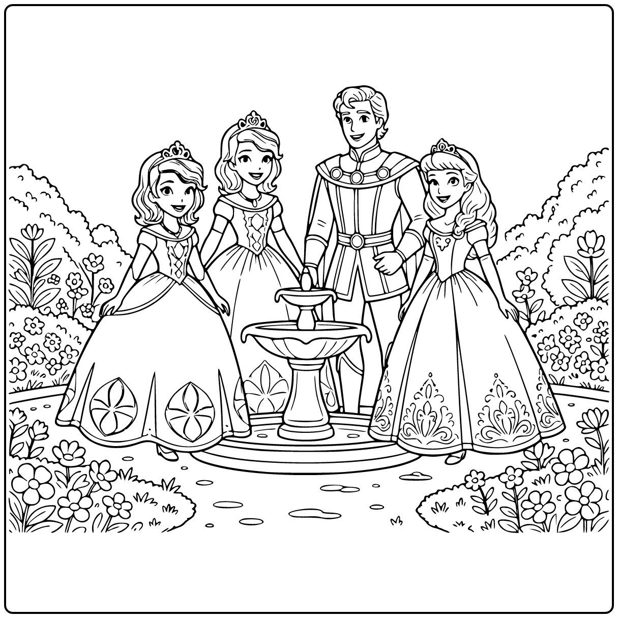 princess sofia coloring page with koningin miranda and koning in tuin