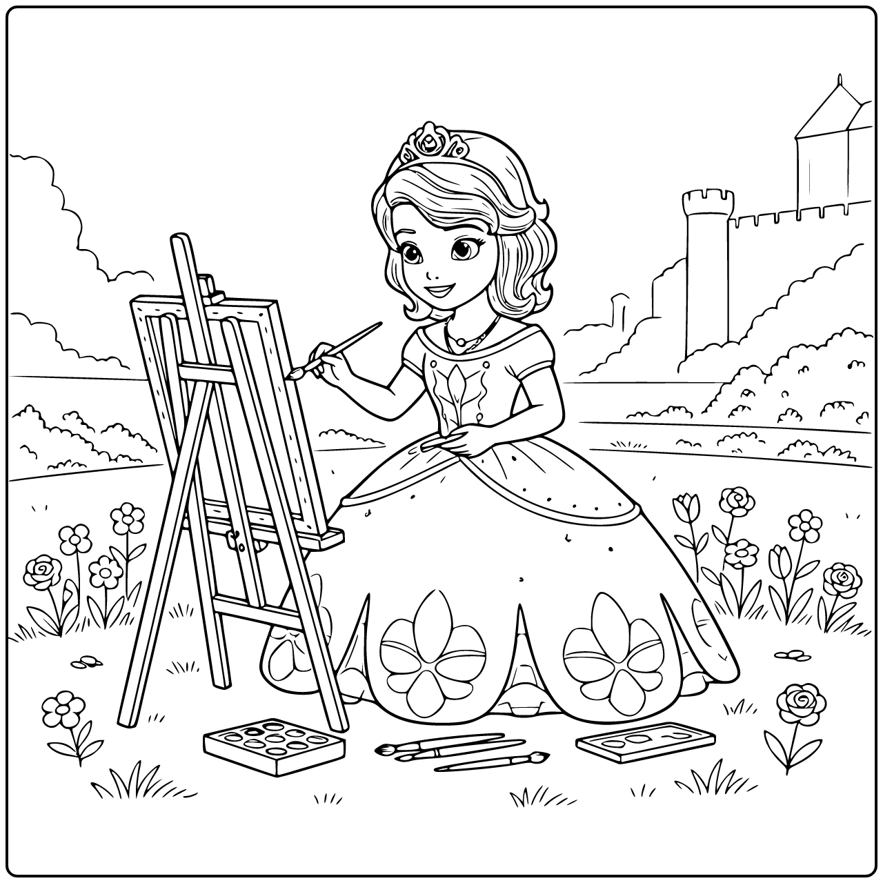 princess sofia coloring page with princess on ezel schilderend
