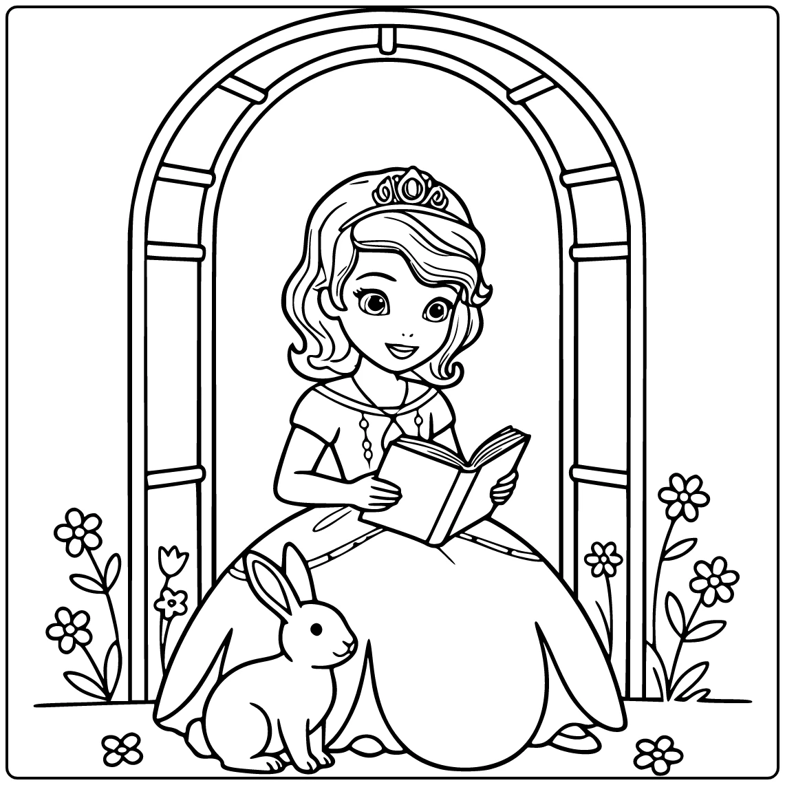 princess sofia coloring page under tuinboog with boek