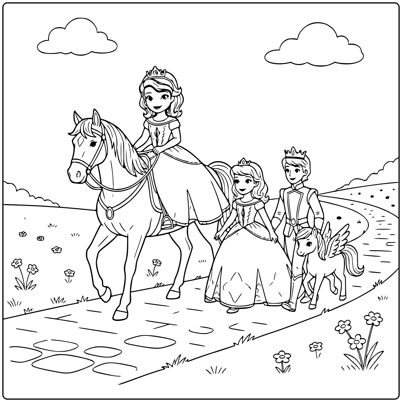 princess sofia coloring page rijdend on koninklijk paard