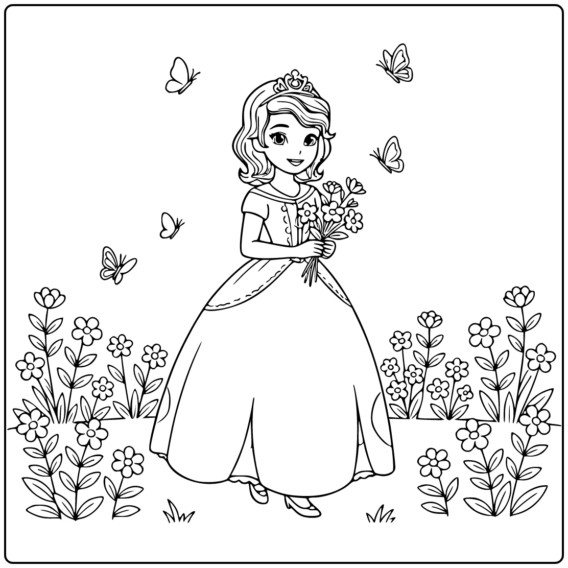 princess sofia coloring page staand with scepter in tuin