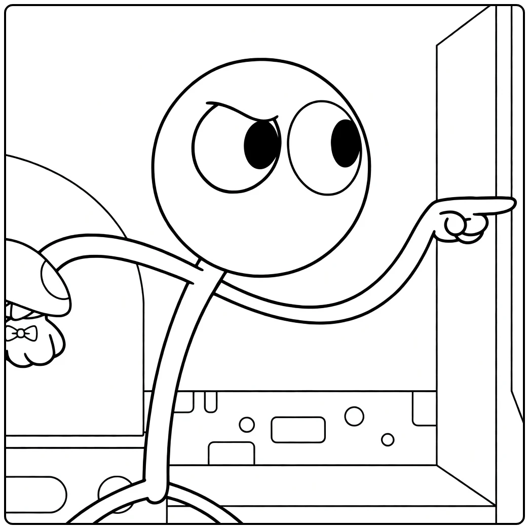 Purple Rainbow Friends coloring page featuring a tense pointing pose