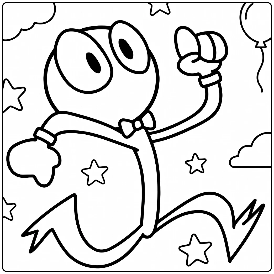 Purple Rainbow Friends coloring page showing a flying cartoon character