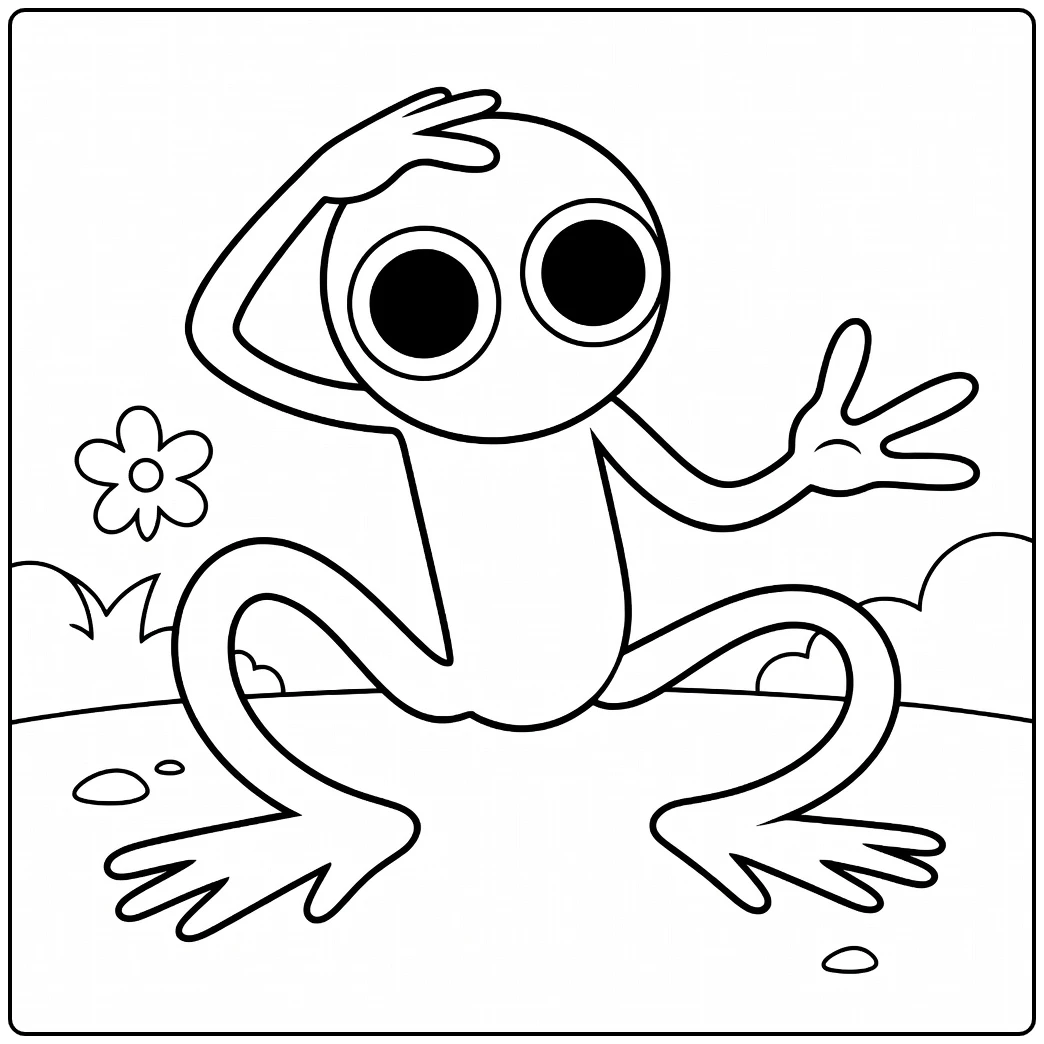 Purple Rainbow Friends coloring page showing a frog-like pose