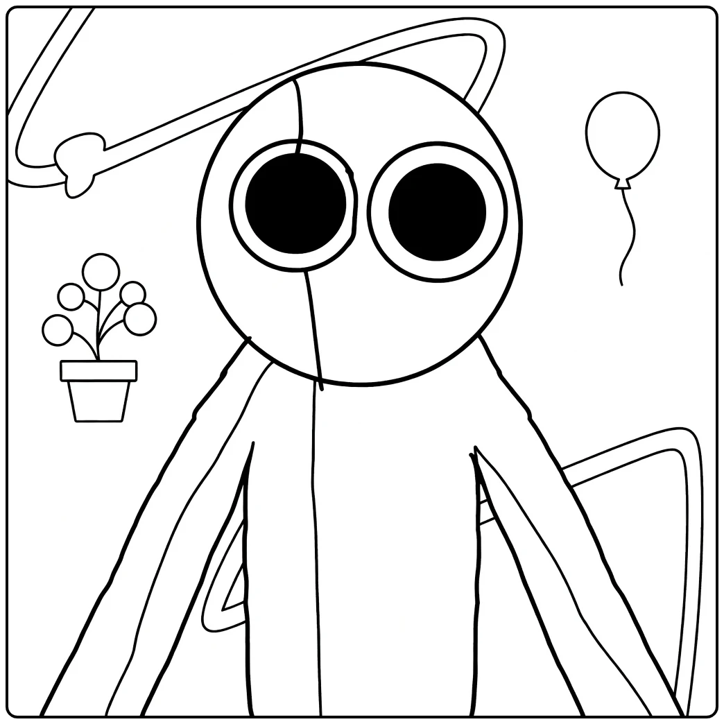 Purple Rainbow Friends coloring page featuring large eyes and a balloon