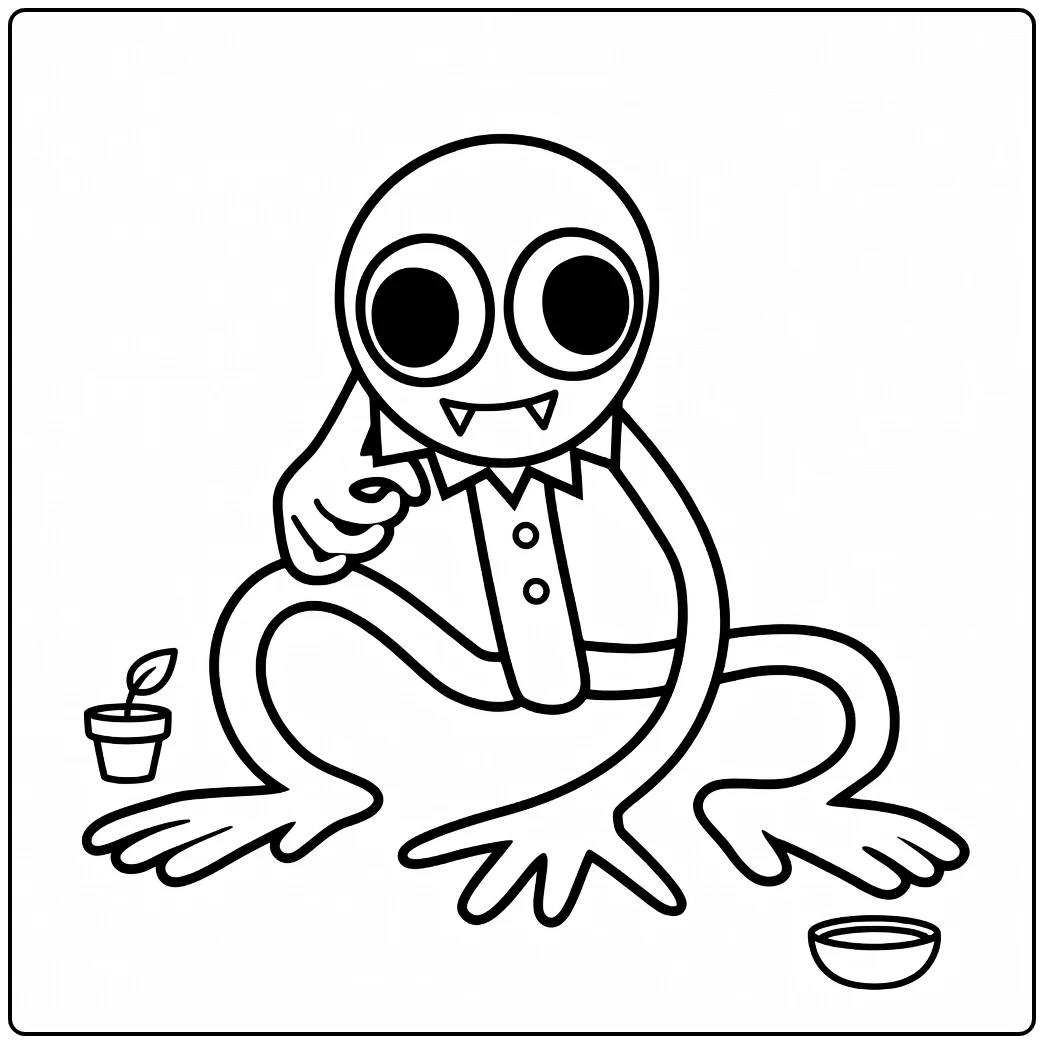 Purple Rainbow Friends coloring page showing the monster near a plant