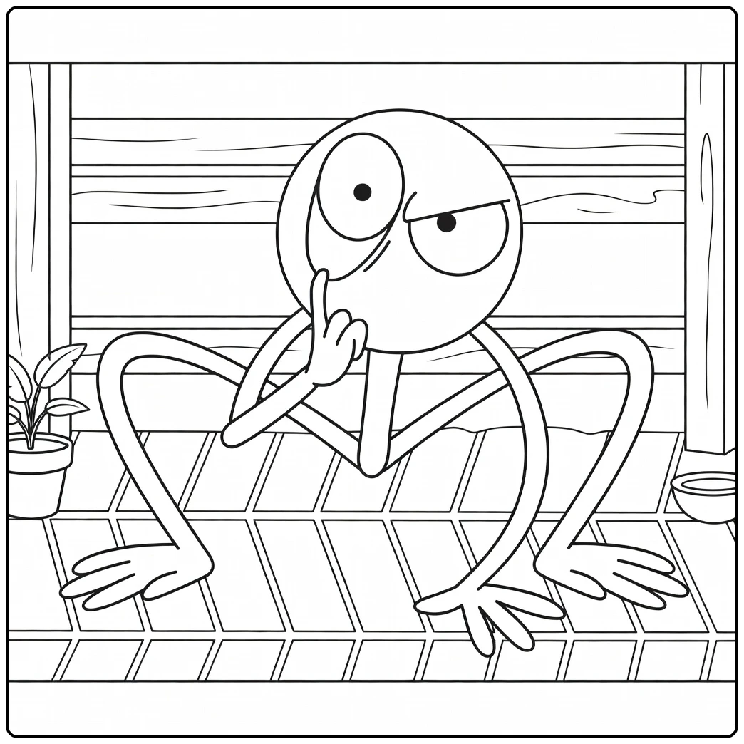 Purple Rainbow Friends coloring page featuring a thoughtful porch scene