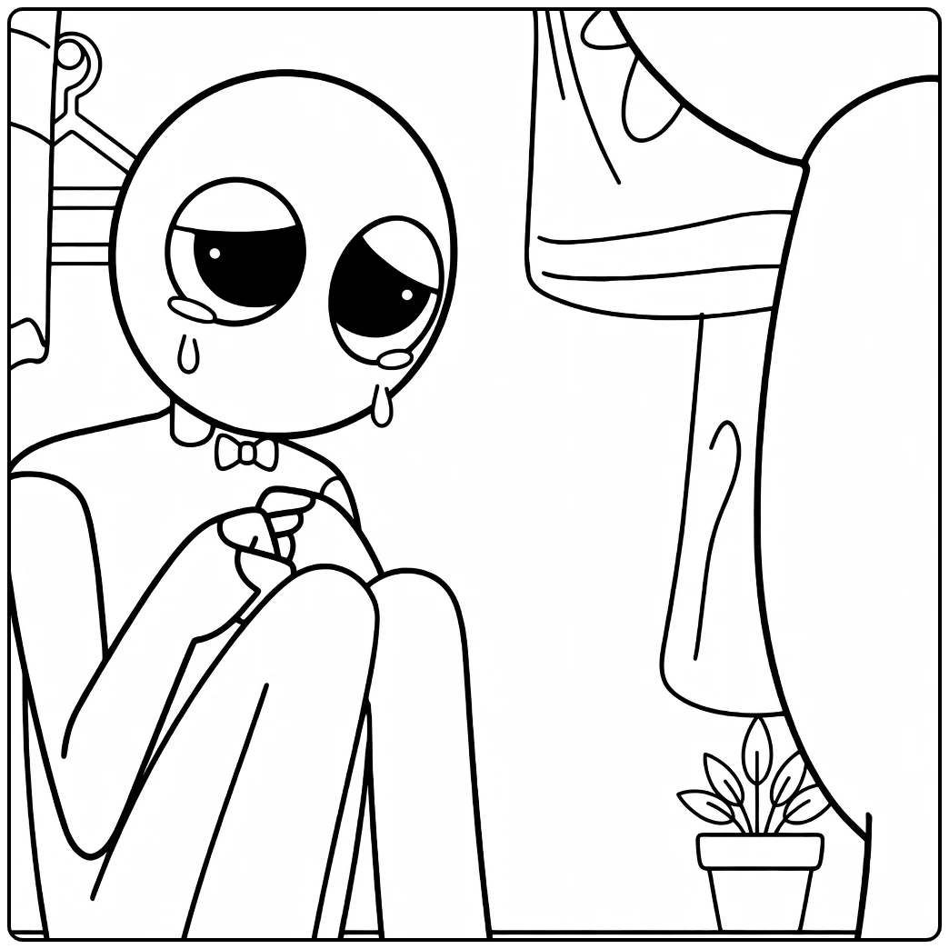 Purple Rainbow Friends coloring page featuring a sad, tearful character
