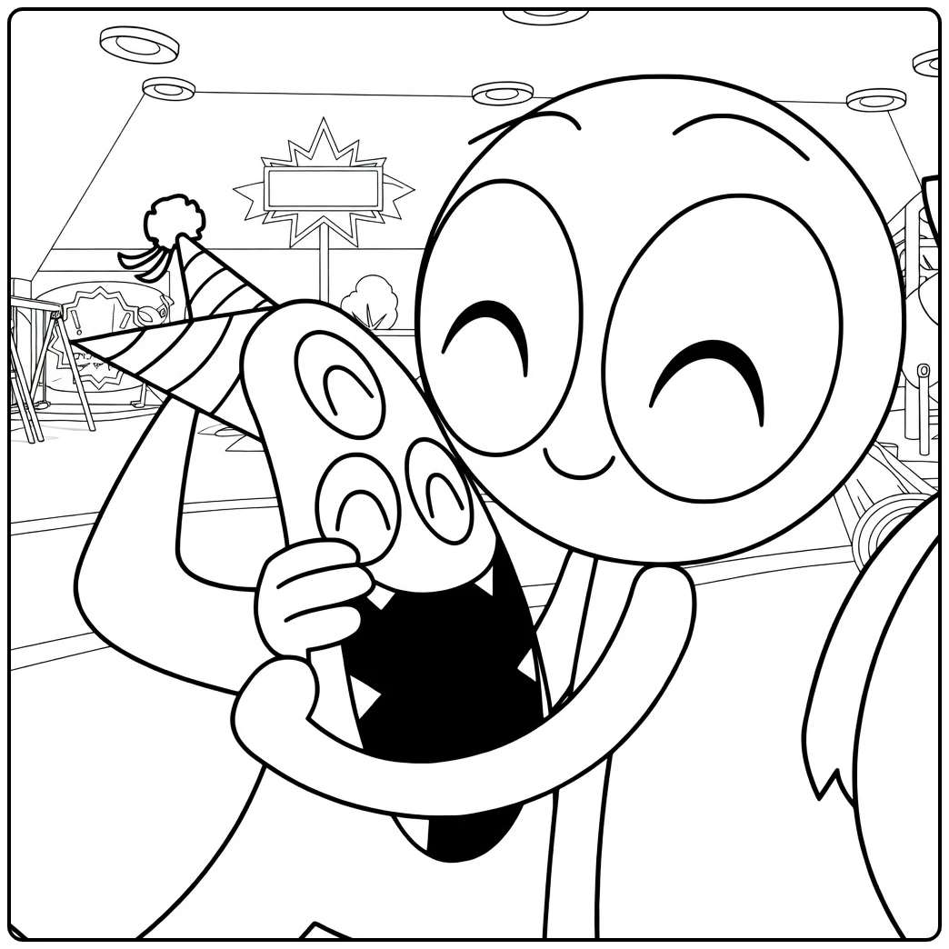 Purple Rainbow Friends coloring page featuring a playful celebration