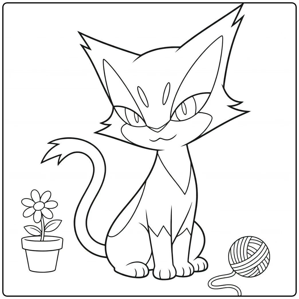 Purrloin Pokemon Kitten with Flower Pot and Ball Yarn coloring page
