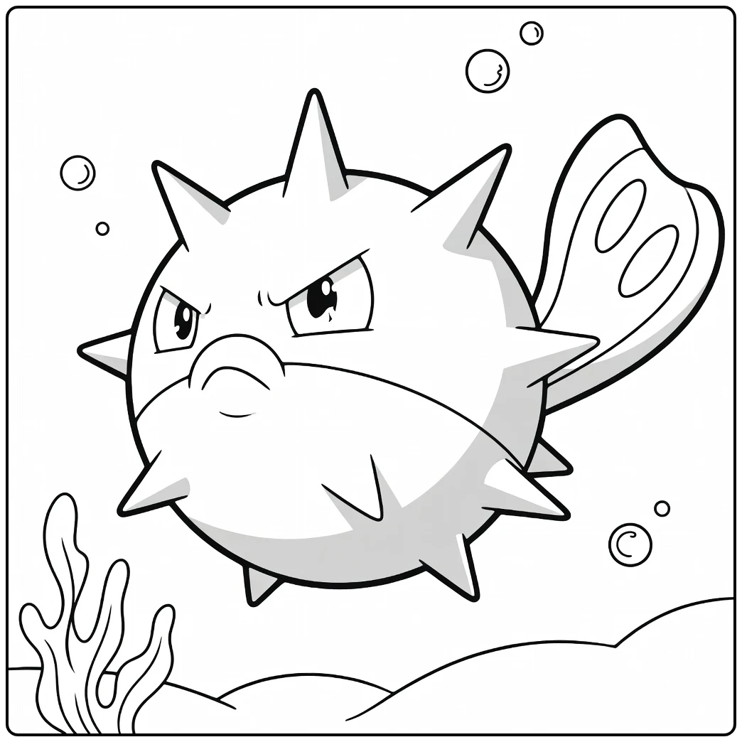 Qwilfish Underwater with Bubbles and Seagrass coloring page