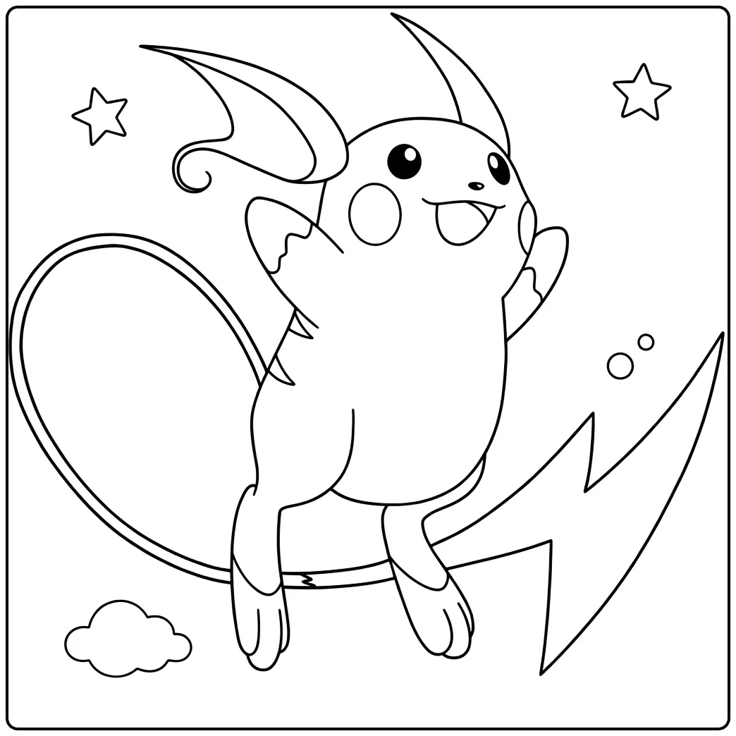 Raichu in Dynamic Pose with Clouds coloring page