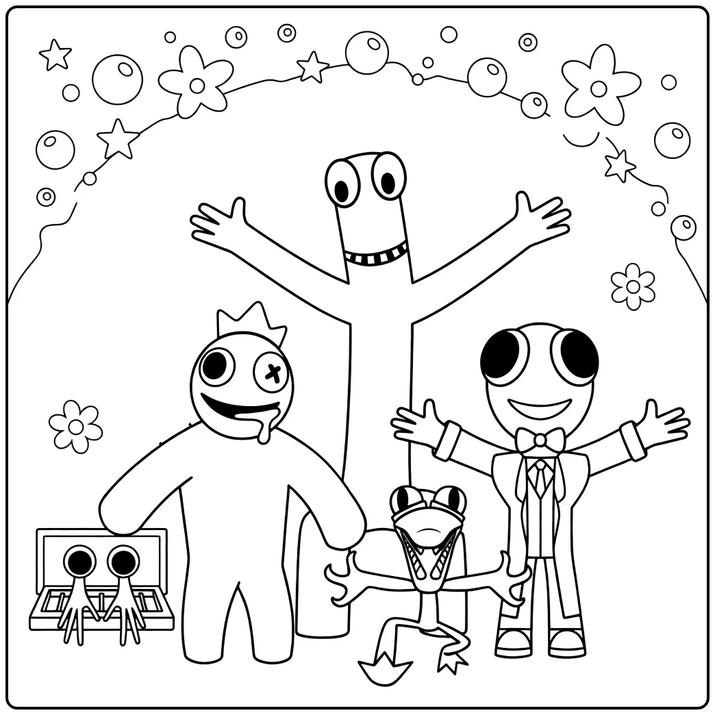 Rainbow Friends coloring page showing four monsters with decorations