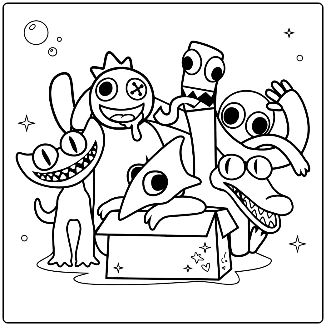 Rainbow Friends coloring page showing cartoon monsters emerging from a box