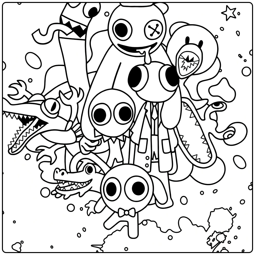 Rainbow Friends coloring page featuring a large group of cartoon monsters