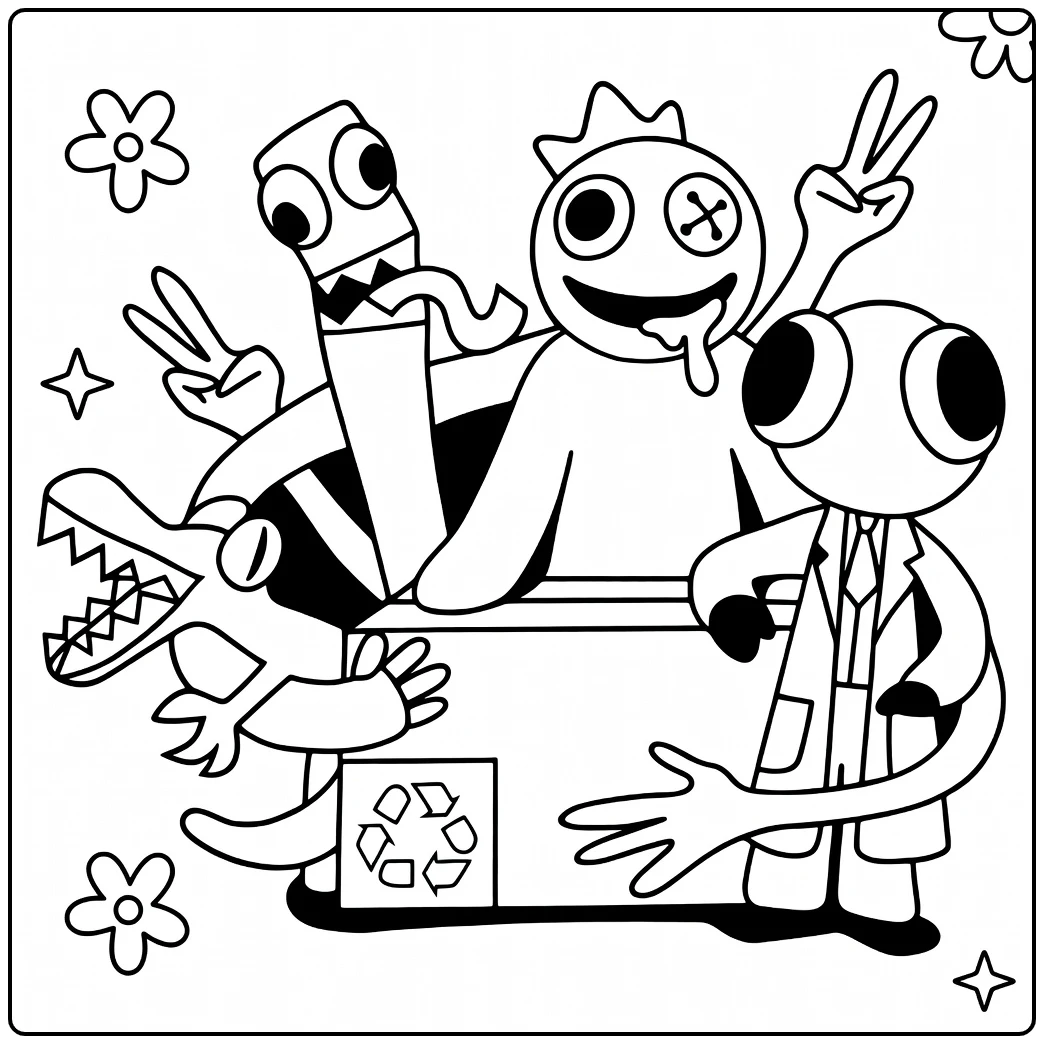 Rainbow Friends coloring page showing cheerful monsters and flowers