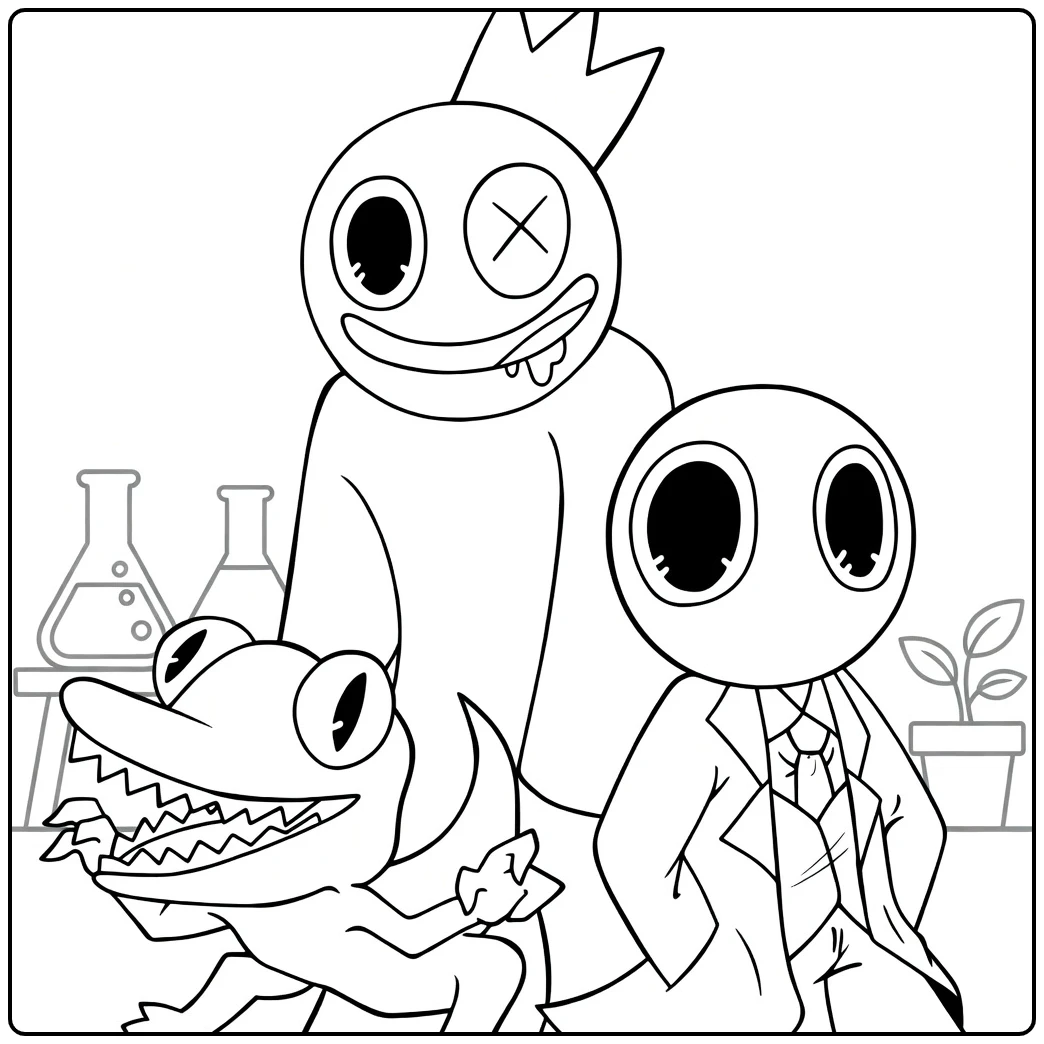 Rainbow Friends coloring page featuring monsters inside a laboratory