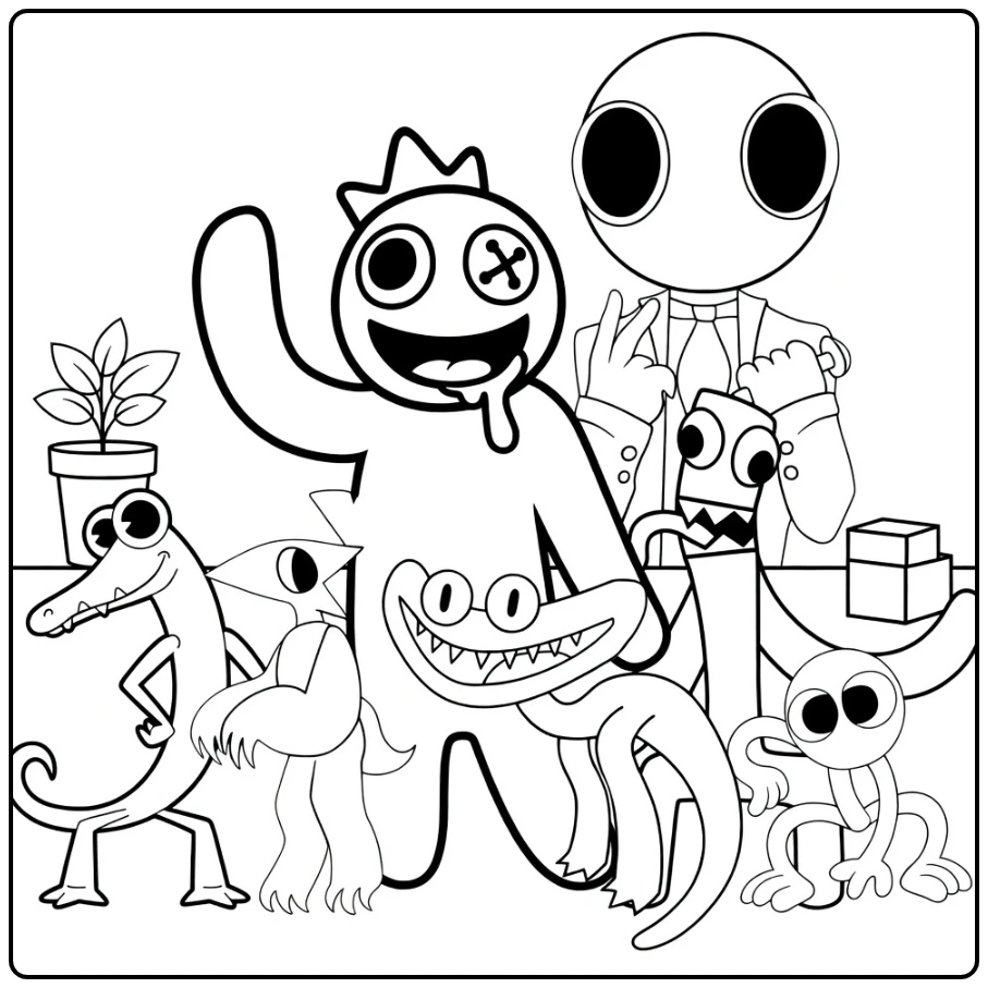 Rainbow Friends coloring page featuring a mixed group of game characters