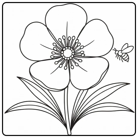 Buttercup coloring page featuring a bee beside a five-petal flower