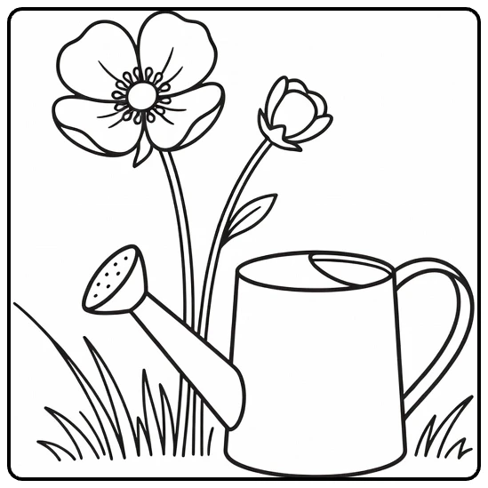 Buttercup coloring page featuring a flower and watering can
