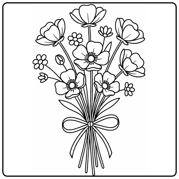 Buttercup coloring page showing a simple flower bouquet tied with ribbon
