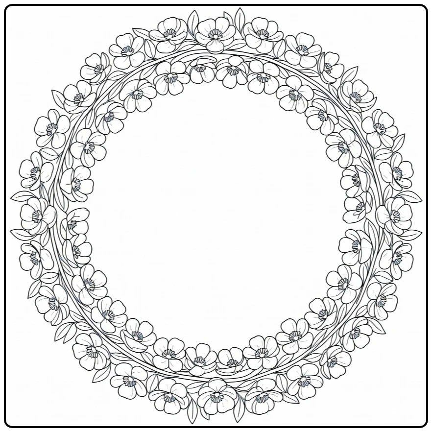 Buttercup coloring page showing a round wreath of small flowers