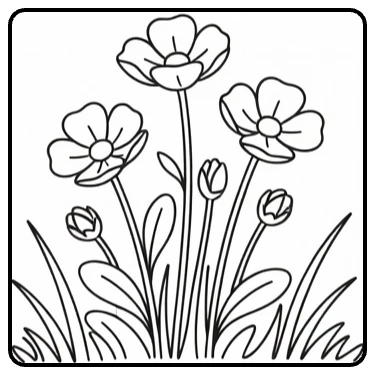 Buttercup coloring page showing three flowers growing in a field