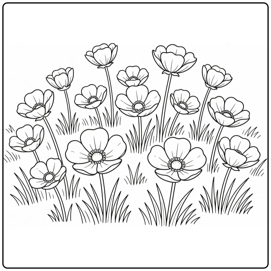 Buttercup coloring page featuring scattered flowers in grass