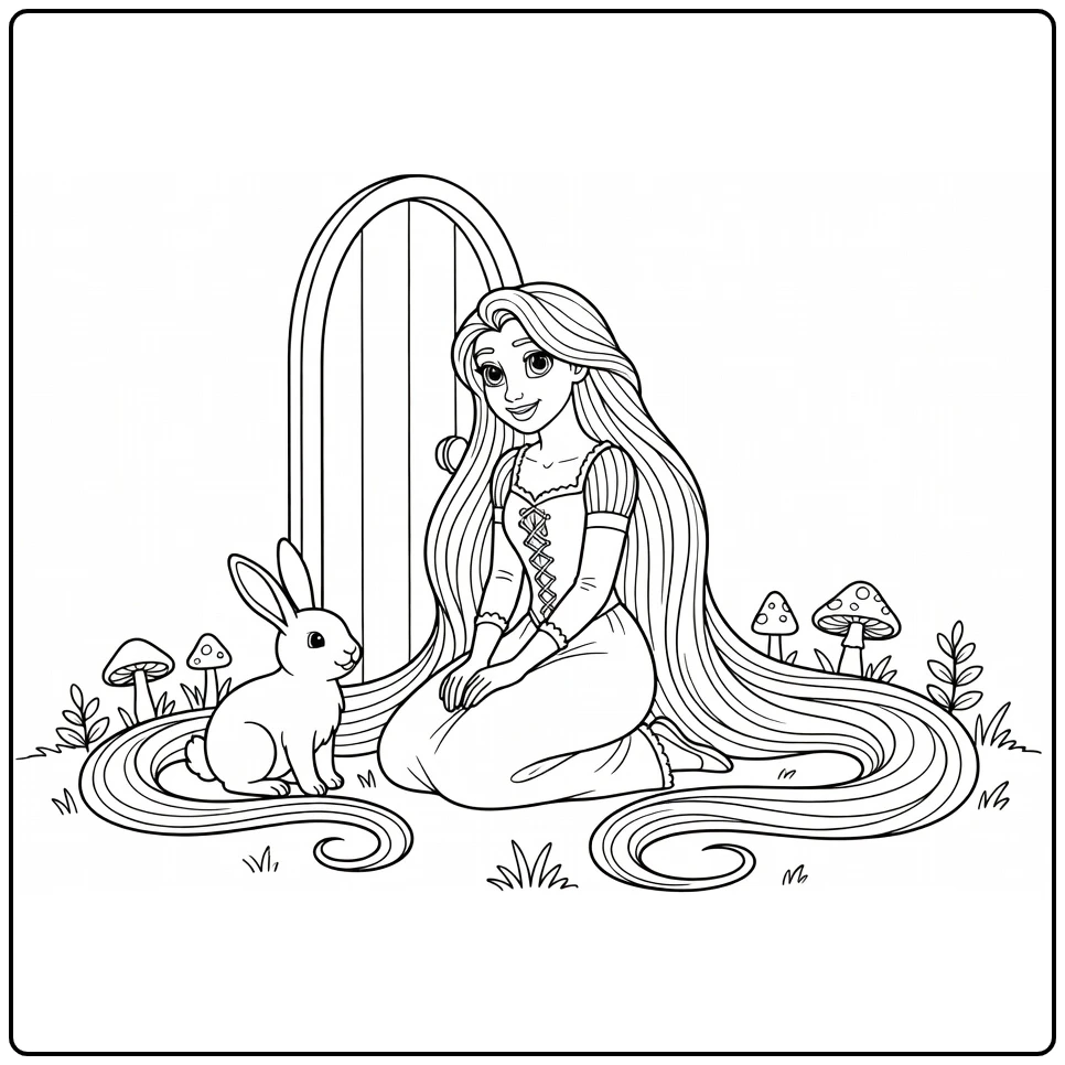 Rapunzel and Friendly Rabbit Near Tower Door coloring page
