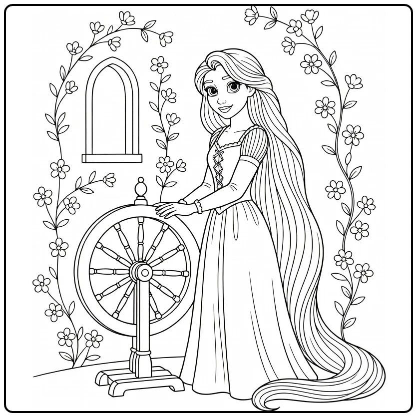 Rapunzel Spinning Wheel with Long Her and Window coloring page