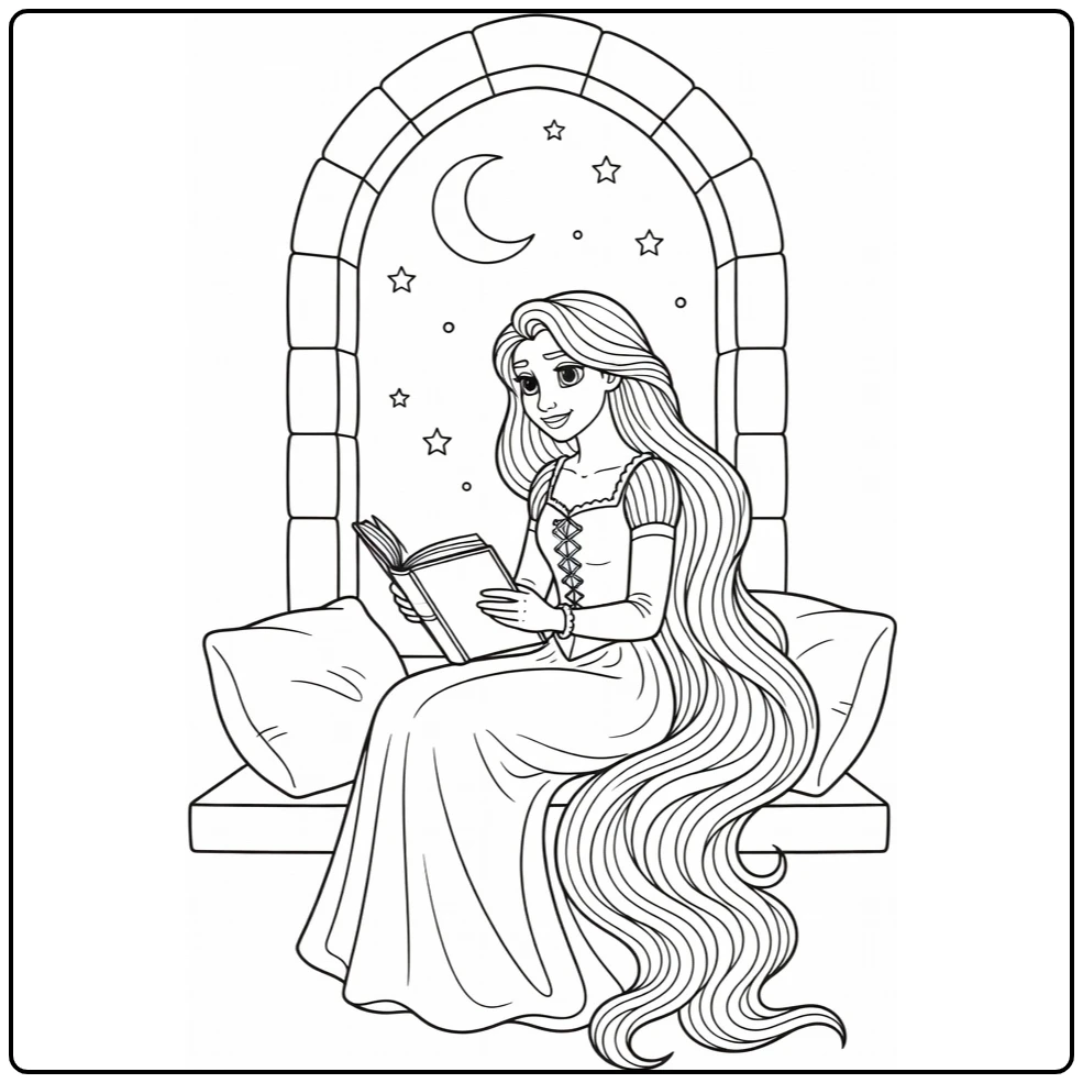 Rapunzel Tower Window with Book and Stars coloring page