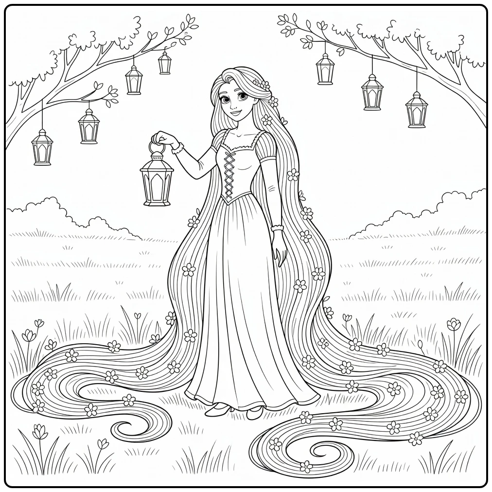 Rapunzel coloring page with a lantern and flowers in her hair