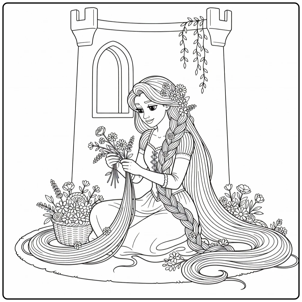 Rapunzel Flowers Braids on Dress coloring page