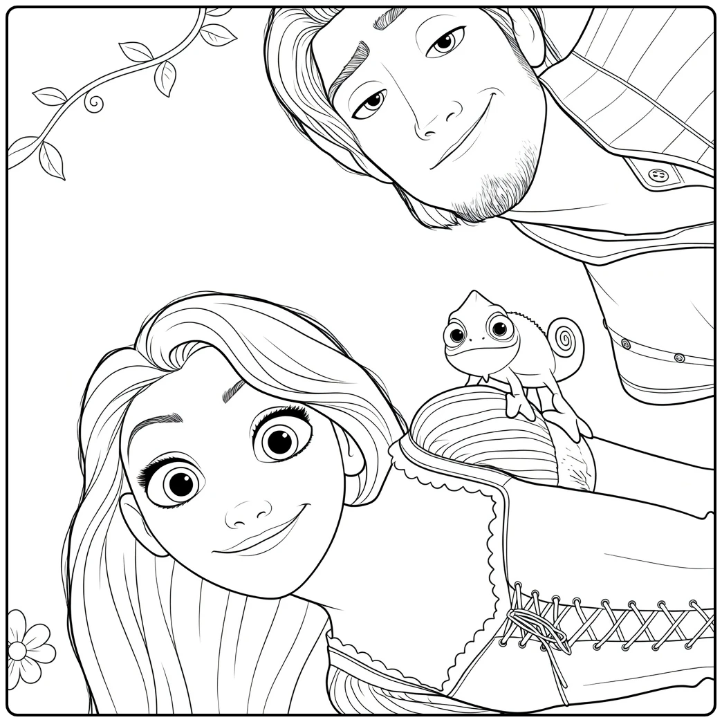 Rapunzel Romantic Couple and Chameleon coloring page