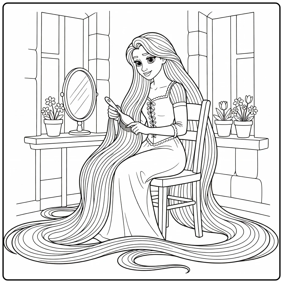 Rapunzel Mirror and Flower Pots in Tower coloring page